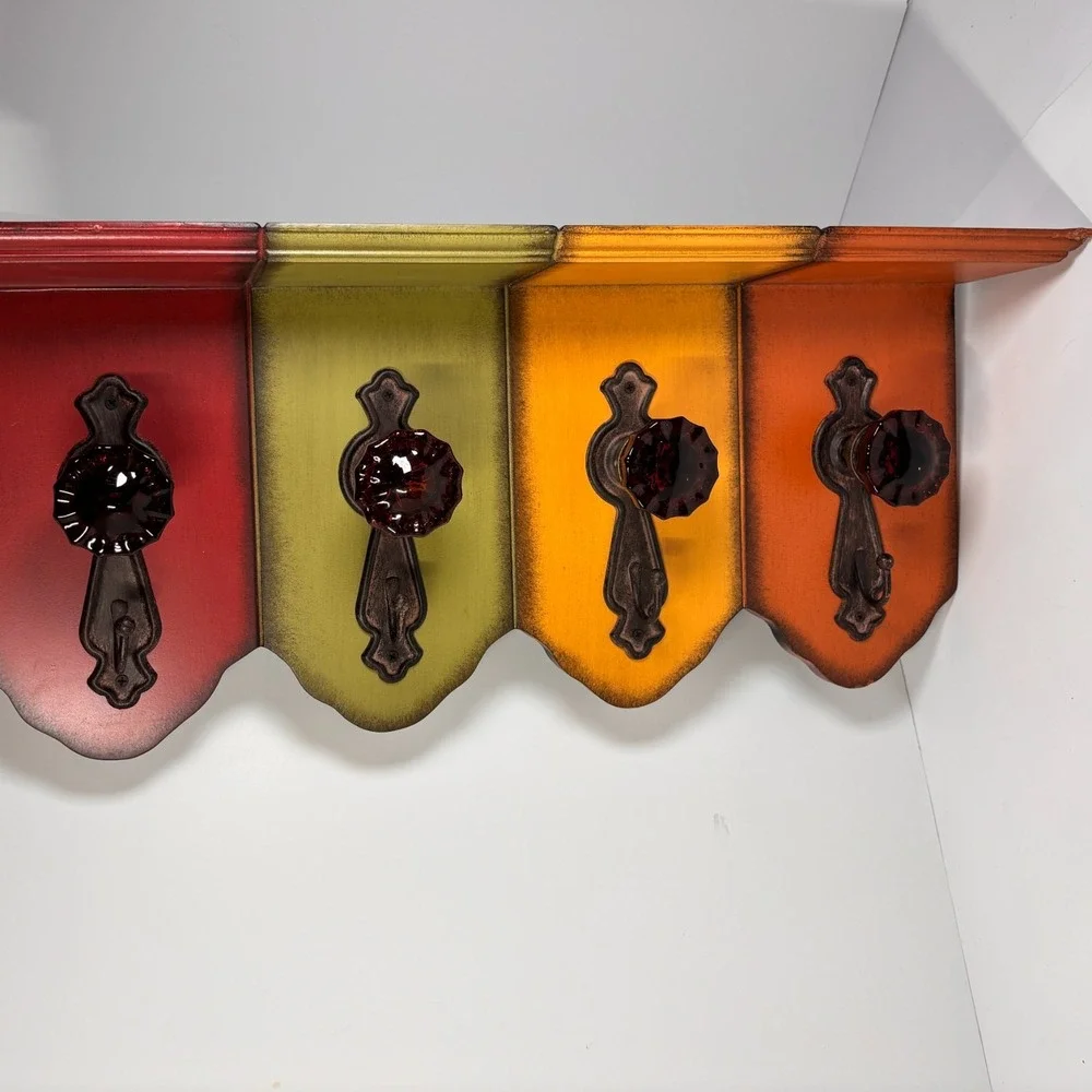 Wooden Wall Shelf 4 Hooks Glass Doorknob Distressed Cottage core Farmhouse